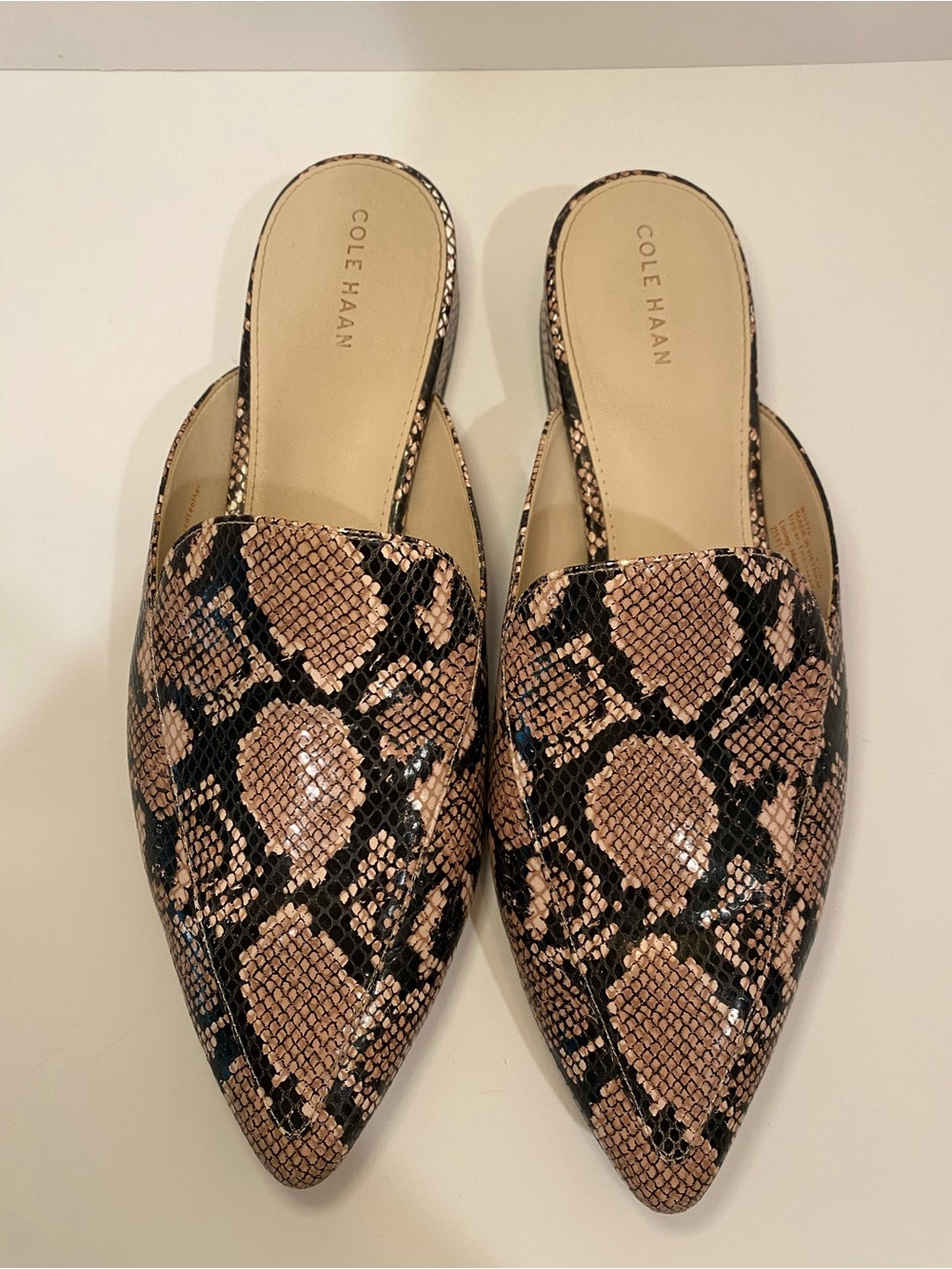 Cole Haan Pointed Snake-Print Leather Mules in Tan and Black Size 9.5M
